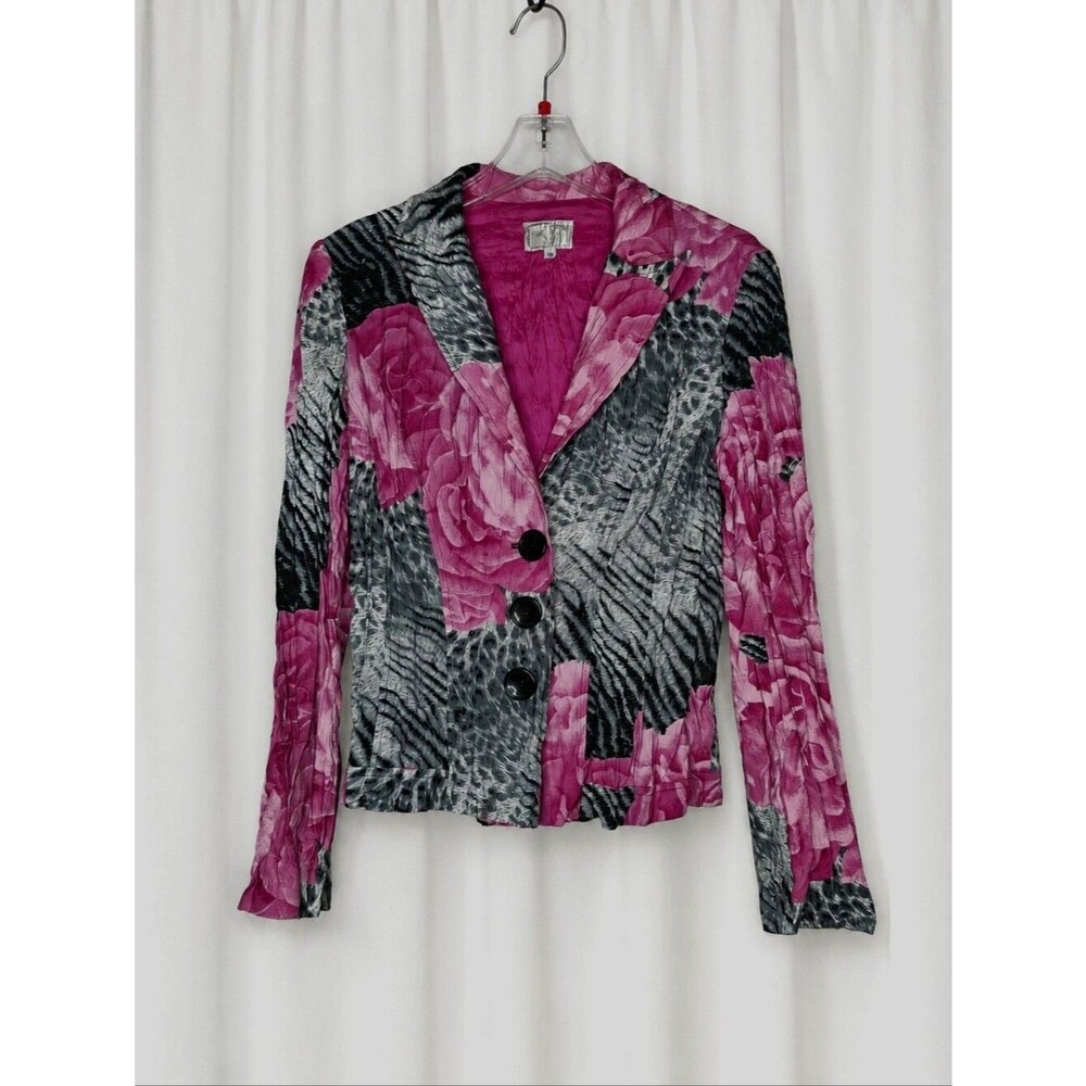 Alberto Makali Y2K Pink Floral Animal Print Accordion Crinkle Boutique Blazer